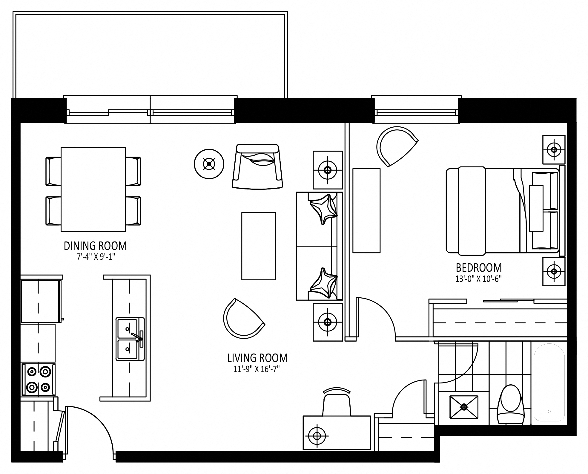 Floor plan for 1 bed, 1 bath, 716 sqft
